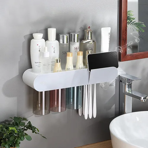 Vista 10 de Soportes para cepillos de dientes para baños montados en la pared, 2 tazas de soporte magnético para cepillos de dientes, kit familiar