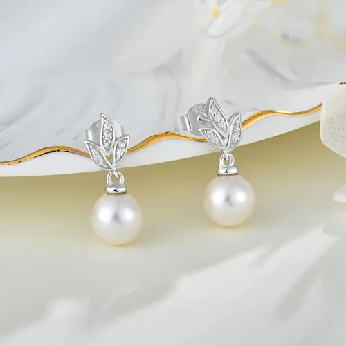 Vista 5 de Pendientes de perlas de plata de ley 925 para mujer, pendientes colgantes con joyas