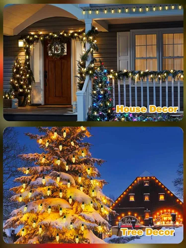 Vista 4 de Paquete de 2 luces de Navidad C9 extensibles de 66 pies, 100 LED para exteriores e interiores, impermeables, luces de hadas LED con cable verde