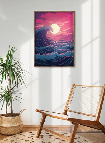 Vista 2 de VAPORWAVE, SYNTHWAVE, RETRO Home Art, Póster de sala de juegos, olas, surf, océano al atardecer, póster de VAPORWAVE, 227