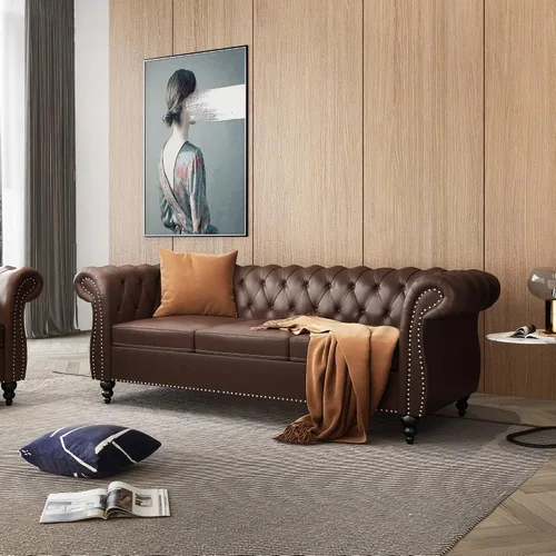 Vista 7 de ONCIN Chesterfield - Sofá de cuero para sala de estar, sofá de 3 plazas, sofá copetudo, piel sintética con brazos enrollados y cabeza de clavo