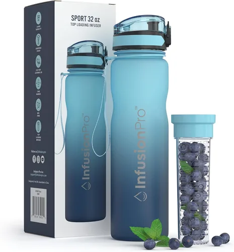 Vista 3 de Infusion Pro Botella de agua con infusor de frutas de 32 onzas con marcador de tiempo, tapa de bloqueo superior, funda aislada y libro electrónico