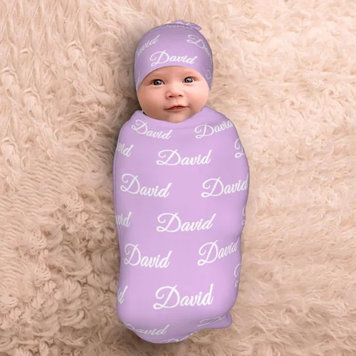Vista 3 de Manta de bebé personalizada y sombrero con nombre – Mantas coloridas para bebés, manta suave personalizada para recién nacidos, regalos