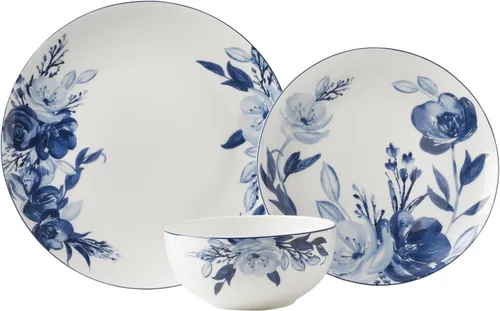 Vista 2 de Mikasa Darcy Bone China - Juego de vajilla ligera de porcelana Bone China de 12 piezas resistente a astillas, servicio para 4, azul y blanco