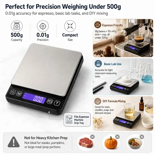 Vista 5 de K KitchenTour - Báscula digital de cocina - 500g/0.01g Balanza de alta precisión multifunción para alimentos, carne, joyas, laboratorio, quilates