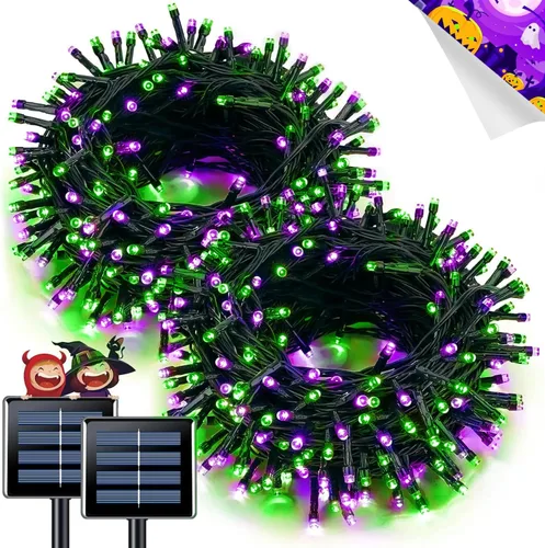 Vista 52 de JMEXSUSS - Paquete de 2, luces solares de Navidad cálidas y multicolor para exteriores, cada una con 100 LED, 10 metros, luces solares impermeables