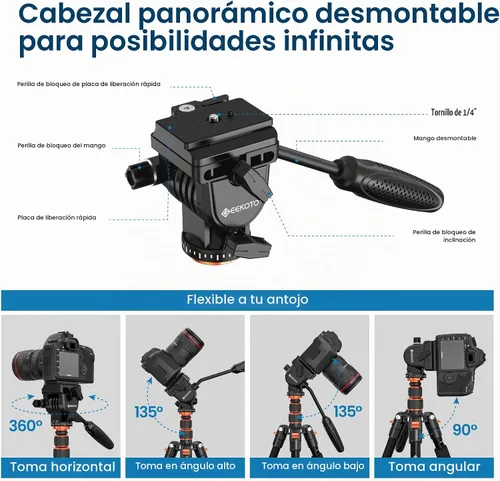 Vista 4 de GEEKOTO Trípode de video con cabezal fluido, trípode profesional para cámara réflex digital, monopie de aluminio de 77 pulgadas para videocámara