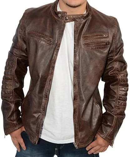 Vista 7 de Milwaukee Leather SFM1805 - Chaqueta de piel de cordero marrón con puntada lateral para hombre