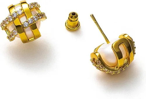 Vista 2 de C.Paravano Aretes de oro de 18 quilates para mujer, hipoalergénicos para mujer, aretes tipo dormilona con parte trasera plana