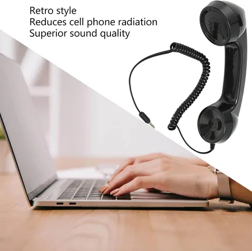 Vista 3 de Jiawu Auricular de teléfono retro vintage, receptor de teléfono celular, micrófono con altavoz para teléfono celular, teléfono inteligente y Negro