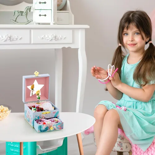 Vista 7 de RR ROUND RICH DESIGN Joyero musical para niños para niñas, incluye cajón y bonito juego de joyas con bonito tema de sirena, hermoso tono de ensueño