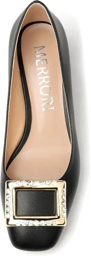 Vista 3 de MERRORI Zapatos de tacón bajo y grueso con punta cuadrada mate para mujer, de 2 pulgadas