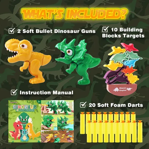 Vista 2 de Juego de disparos de dinosaurios, paquete de 2 pistolas para niños de 3 a 8 años, 20 dardos para niños