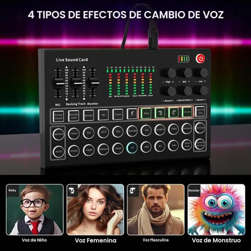 Vista 4 de RHM M9 Paquete de equipo de podcast, interfaz de audio todo en uno con micrófono y auriculares, 13 efectos de sonido, soporte para cambio