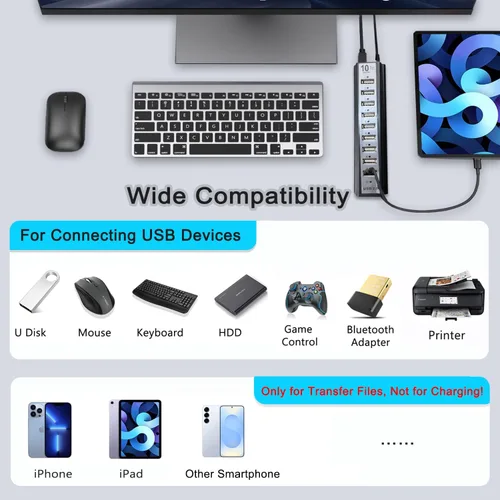 Vista 3 de Hub USB de 10 puertos, extensor de concentrador USB adaptador divisor de red con alimentación, para MacBook, PC, laptop, ratones, teclados