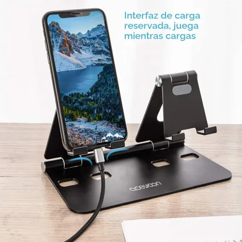Vista 6 de aceyoon Soporte ajustable para tableta, soporte para iPad/teléfono celular para escritorio, soporte de aleación de aluminio para 2 teléfonos o una
