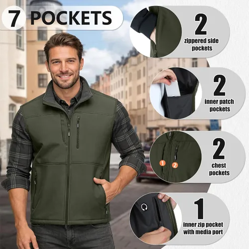 Vista 4 de Outdoor Ventures Chaleco de correr para hombre, ligero, resistente al viento, forro polar, softshell, sin mangas, para golf Verde militar