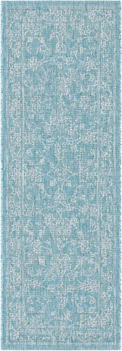 Vista 112 de SAFAVIEH Alfombra lavable al aire libre, colección Courtyard - 2'3" x 5', azul aguamarina y gris, no desprende pelusa y fácil limpieza, ideal