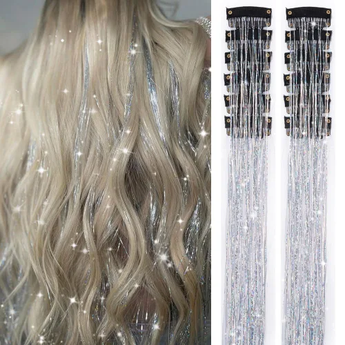 Vista 11 de Ubeleco Kit de oropel para cabello negro de 12 piezas, accesorios de cabello con clip de 52 cm, kit de oropel de pelo de hada para Navidad y Año