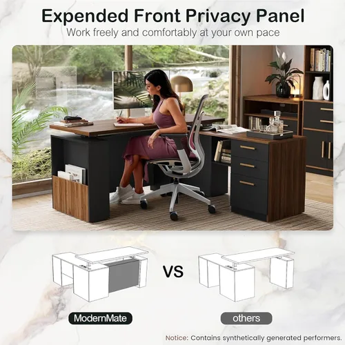 Vista 3 de ModernMate - Escritorio de pie de 63" con gabinete de archivos, panel de privacidad, AC/USB, escritorio ejecutivo de 1.18" de altura ajustable