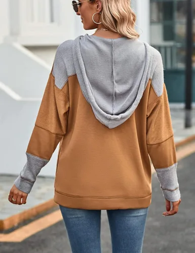 Vista 3 de SEBOWEL Sudaderas con capucha para mujer, de punto gofre, con cordón, con cordón, casual, manga larga, con bolsillo