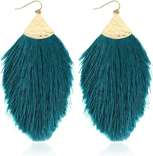 Vista 43 de Aretes bohemios de hilo sedoso con flecos y borlas – Ligeros, colgantes, con hebras y forma de pluma Fleco de plumas - Azul Aqua