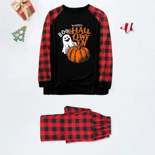 Vista 2 de uhnmki Conjunto de pijama de Halloween para mujer, divertido diseño de calabaza, esqueleto, a cuadros, manga larga, conjunto de pijamas de Halloween