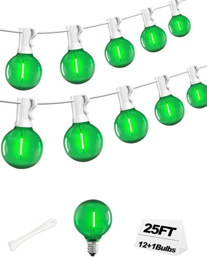 Vista 9 de Luces de cadena LED G40 para exteriores de 25 pies con 12+1 bombillas, enchufe E12, blanco cálido de 2700K, grado comercial, resistente a