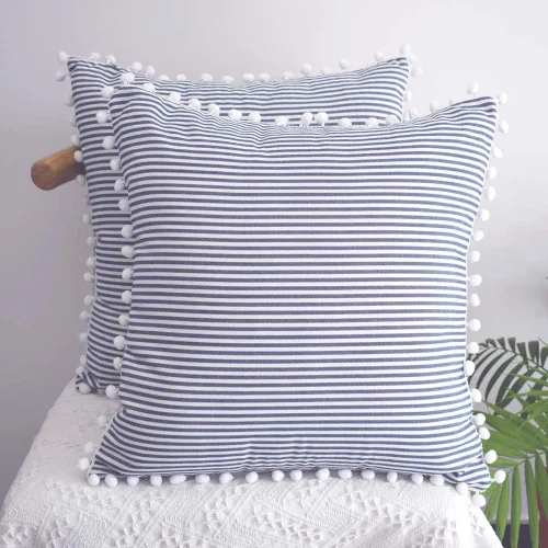 Vista 12 de HOPLEE Juego de 2 fundas de almohada de granja con pompones para decoración del hogar, 16 x 16 pulgadas, color azul claro
