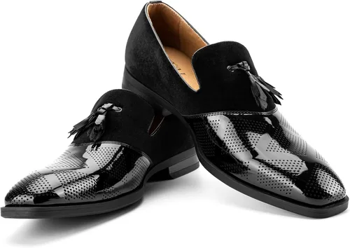 Vista 13 de JITAI Zapatos para hombre: mocasines casuales de cuero y gamuza para hombre, cómodos tacones bajos, zapatos de vestir sin cordones para bodas