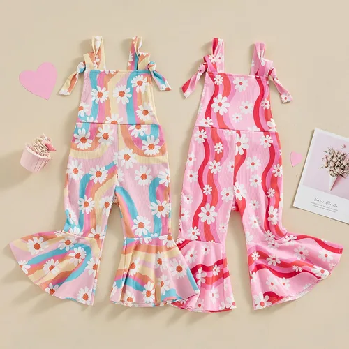 Vista 7 de ZyHwShine Conjunto de tirantes acampanados para niñas, con volantes, botones, ombliguera, pantalones de campana, pantalones de verano para niños