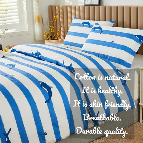 Vista 3 de Brandream Juego de ropa de cama de algodón para niños, tamaño matrimonial, juego de ropa de cama de ballena a rayas azul náutica, juego de cama