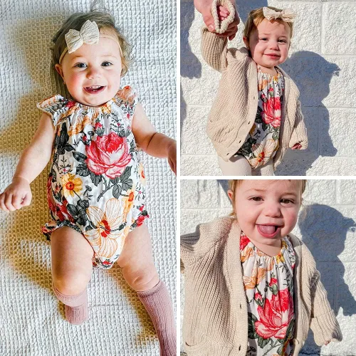 Vista 3 de Simplee kids Mameluco de verano para bebés y niñas, mameluco sin mangas con volantes florales