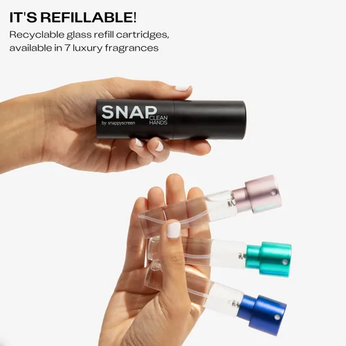Vista 5 de SNAP Wellness On the Go - Desinfectante de manos tamaño de viaje, 0.5 onzas líquidas, 300 aerosoles por catridge, desinfectante líquido recargable