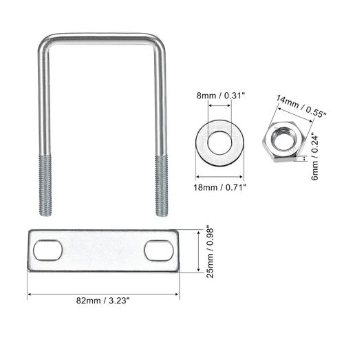 Vista 13 de uxcell Pernos cuadrados en U de 1 "(25 mm) de ancho interior de acero al carbono M8 con tuercas, placa de marco, arandelas redondas, juego de 4