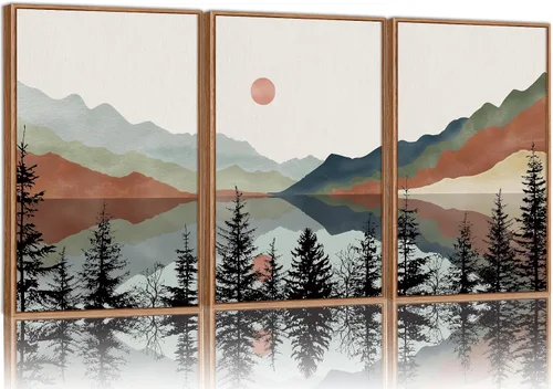 Vista 9 de Tinonedraw Arte de Pared en Lienzo Enmarcado de Paisaje de Montaña Beige, Decoración de Pared Moderna Abstracta de Mediados de Siglo, Arte de Lago