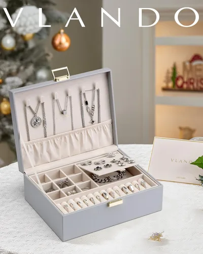 Vista 2 de Vlando - Joyero de 2 capas, joyero organizador grande para mujeres, bandeja de joyería removible para collares, aretes, anillos, pulseras, joyeros