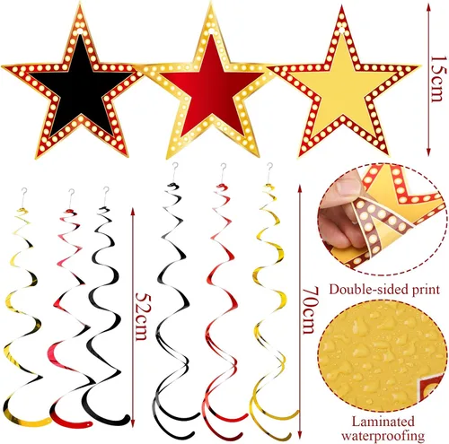 Vista 2 de Lenwen 39 espirales colgantes estilo estrella rojo dorado y negro para decoración nocturna de películas, alfombra roja, decoración de fiesta