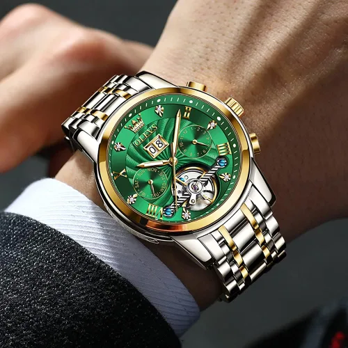 Vista 3 de OLEVS - Reloj automático para hombre con diseño de esqueleto de 5 manecillas clásico de lujo multicalendario de acero inoxidable impermeable