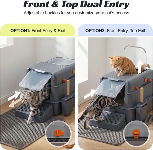 Vista 4 de Caja de arena cerrada de acero inoxidable para gatos con tapa y alfombra, caja de arena extra grande para gatos con cajón, caja de metal para gatos