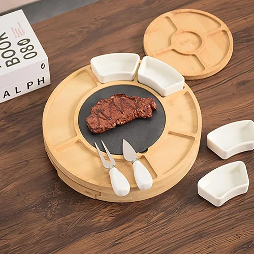 Vista 4 de Juego de tabla de queso de bambú y cuchillos, plato redondo para servir charcutería con plato de mármol y cuenco de cerámica, juego de queso