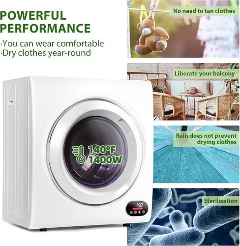 Vista 2 de Euhomy Secadora de ropa compacta, 2.65 pies cúbicos de carga frontal, de acero inoxidable, con tubo de escape, 1400 W, panel de control LCD