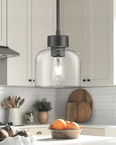 Vista 5 de Luces Colgantes Negras para Isla de Cocina, Accesorios de Luces Colgantes de 7" con Pantalla de Vidrio Transparente, Iluminación Colgante Moderna