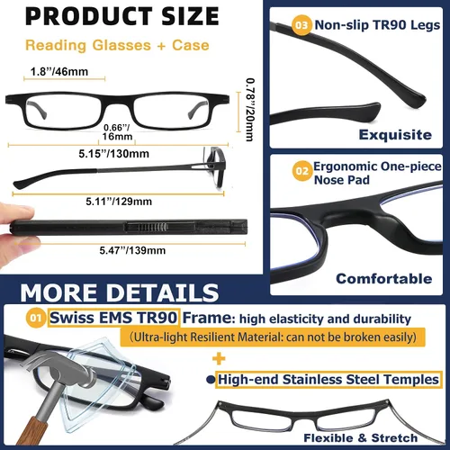 Vista 5 de touk Anteojos de lectura plegables anti luz azul UV, ultra delgados TR90 lectores con estuche compacto portátil para hombres y mujeres, 2