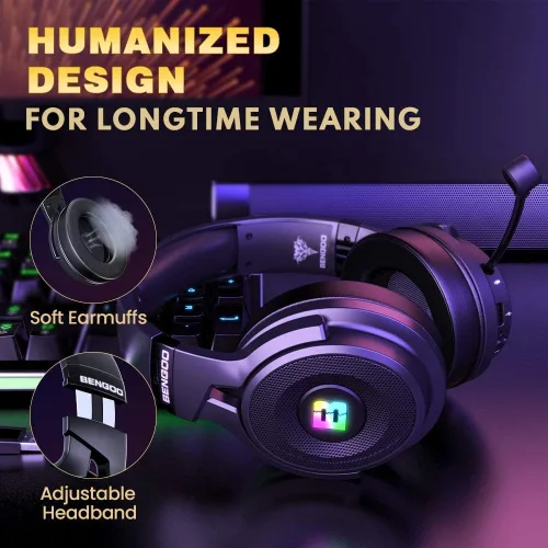 Vista 8 de BENGOO Auriculares inalámbricos para juegos para PS5, PS4, PC, Mac, auriculares USB sobre la oreja con micrófono de cancelación de ruido, sonido