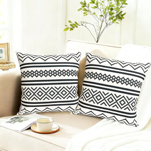 Vista 4 de Juego de 2 fundas de almohada decorativas negras boho 16x16 pulgadas, fundas de almohada de lino modernas estilo bohemia campestre para exteriores
