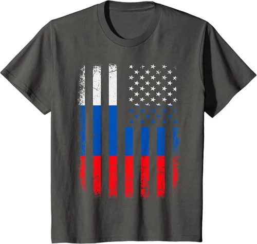 Vista 25 de Russian American Flag Russia America Pride Heritage T-Shirt Asphalt Grey