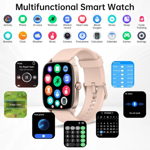 Vista 5 de Relojes inteligentes para mujeres y hombres con llamada Bluetooth y voz AI, monitor de actividad física HD de 1.85 pulgadas con monitor de sueño