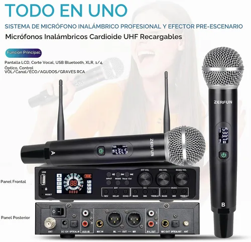 Vista 2 de Pro - Sistema de micrófono inalámbrico de 4 canales recargable y preefector, micrófonos inalámbricos de mano de metal UHF con pantalla LCD, corte