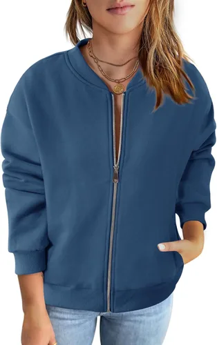 Vista 8 de MEROKEETY Sudaderas con cremallera de manga larga para mujer, chaquetas casuales holgadas de abrigo con bolsillos Negro